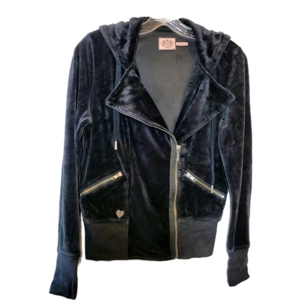 Vintage Juicy Couture Black Velour Hooded Track Jacket Y2k Size M Zip Pockets